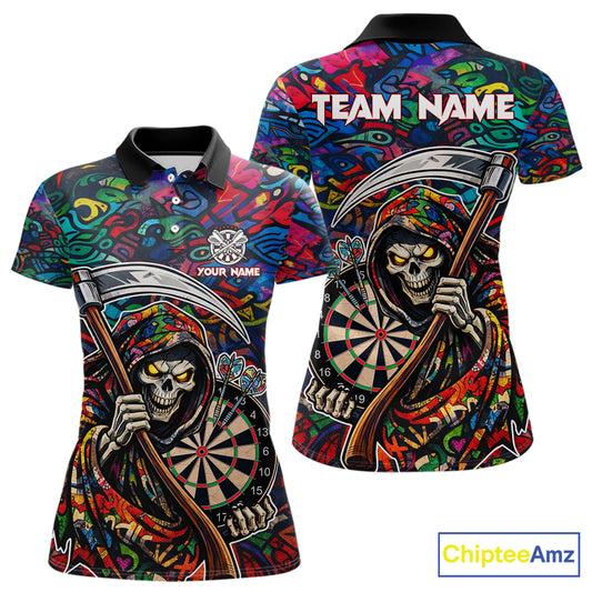 Graffiti Grim Reaper Dartboard & Arrow Darts Polo Shirt For Women Custom Funny Dart Team Shirt NYN2658