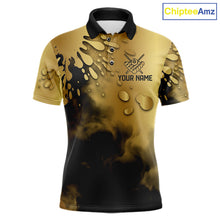 Load image into Gallery viewer, Custom Black And Gold Splatter Billiard Pool Shirts For Men Flame 8 Ball Billiard Team Attire NYN3018
