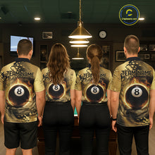 Load image into Gallery viewer, Custom Black And Gold Splatter Billiard Pool Shirts For Men Flame 8 Ball Billiard Team Attire NYN3018