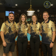 Load image into Gallery viewer, Custom Black And Gold Splatter Billiard Pool Shirts For Men Flame 8 Ball Billiard Team Attire NYN3018