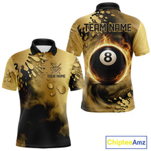 Load image into Gallery viewer, Custom Black And Gold Splatter Billiard Pool Shirts For Men Flame 8 Ball Billiard Team Attire NYN3018