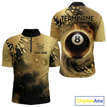 Load image into Gallery viewer, Custom Black And Gold Splatter Billiard Pool Shirts For Men Flame 8 Ball Billiard Team Attire NYN3018