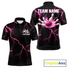 Load image into Gallery viewer, Thunder Lightning Men Bowling Shirt Custom Pink Splatter Bowling Ball &amp; Pins Team Shirts NYN3192