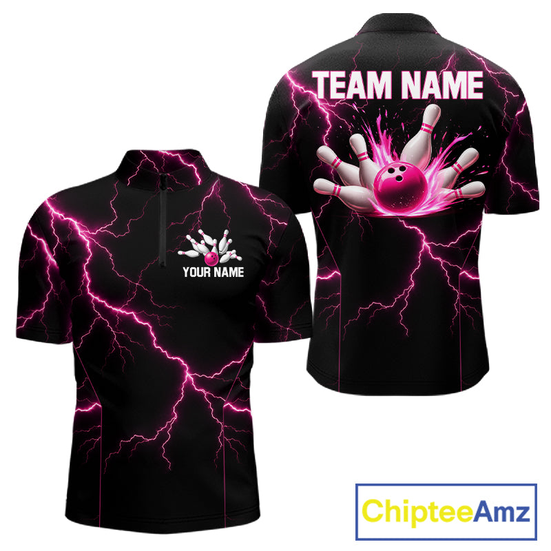 Thunder Lightning Men Bowling Shirt Custom Pink Splatter Bowling Ball & Pins Team Shirts NYN3192