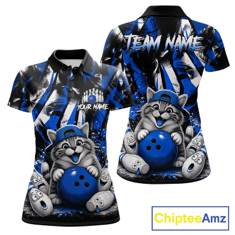 Funny Cat Blue & White Grunge Bowling Jersey For Women Custom Bowling Tournament Bowling Team Shirts NYN3198