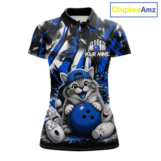 Funny Cat Blue & White Grunge Bowling Jersey For Women Custom Bowling Tournament Bowling Team Shirts NYN3198