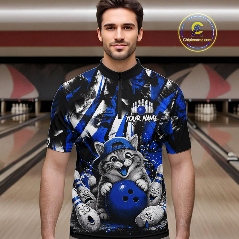Funny Cat Blue & White Grunge Bowling Jersey For Men Custom Bowling Tournament Bowling Team Shirts NYN3198