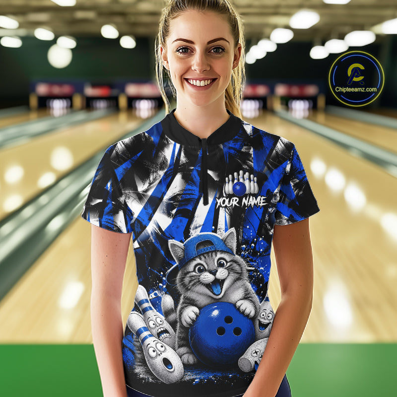 Funny Cat Blue & White Grunge Bowling Jersey For Women Custom Bowling Tournament Bowling Team Shirts NYN3198