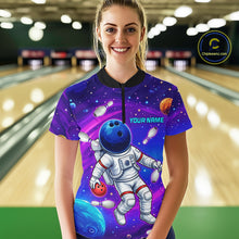 Load image into Gallery viewer, Woman wearing funny astronaut galaxy bowling shirt custom bowling apparel