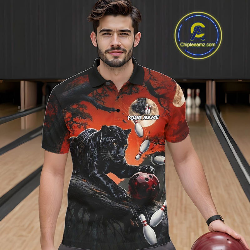 Man wearing black red panther bowling shirt custom bowling apparel