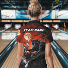 Load image into Gallery viewer, Womens Black Funny Panther Bowling Shirts Custom Black &amp; Red Bowling Team Polo 1/4-Zip Jersey NYN3459
