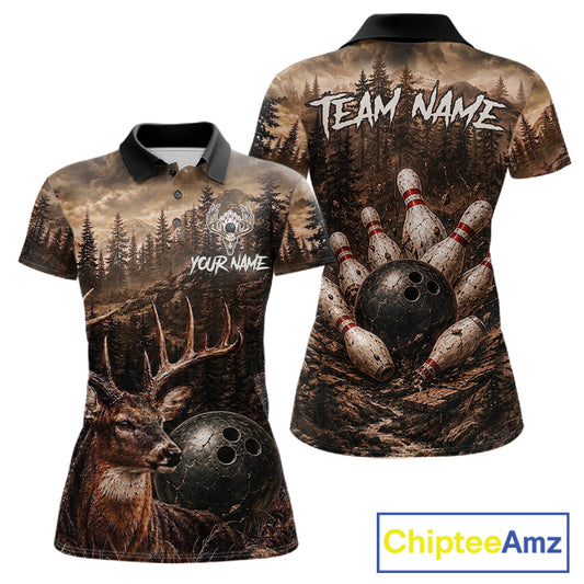 Funny deer grunge forest bowling polo shirt for women brown bowling jersey mockup