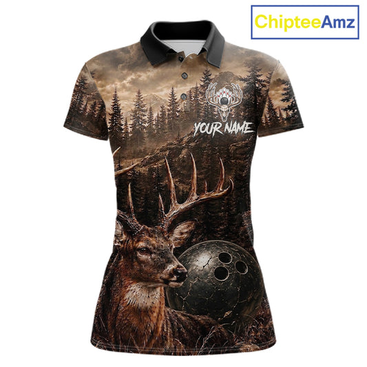 Funny deer grunge forest bowling polo shirt for women brown bowling jersey mockup