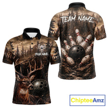Load image into Gallery viewer, Funny deer grunge forest bowling polo shirt for men brown bowling jersey mockup