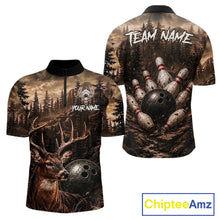 Load image into Gallery viewer, Funny deer quarter zip bowling shirt for men custom forest bowling jersey mockup