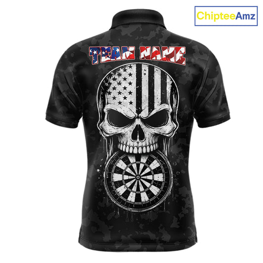 Patriotic American Flag Skull Eagle Camo Women's Darts Polo Shirt Mockup, Black Custom USA Dart Team Jersey, Personalized Tournament Apparel