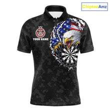 Load image into Gallery viewer, Patriotic American Flag Skull Eagle Camo Women's Darts Polo Shirt Mockup, Black Custom USA Dart Team Jersey, Personalized Tournament Apparel