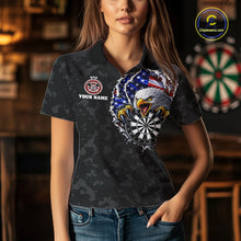 Load image into Gallery viewer, Female model wearing Patriotic Skull Eagle Black Women's Darts Polo, Personalized USA League Apparel