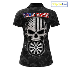 Load image into Gallery viewer, Patriotic USA Flag Skull Eagle Women's Quarter-Zip Darts Shirt Mockup, Black Custom Dart Tournament Jersey