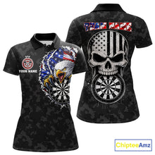Load image into Gallery viewer, Patriotic American Flag Skull Eagle Camo Women's Darts Polo Shirt Mockup, Black Custom USA Dart Team Jersey, Personalized Tournament Apparel