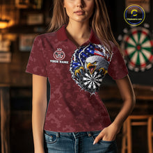 Load image into Gallery viewer, Female model wearing Patriotic Skull Eagle Red Women's Darts Polo, Personalized USA League Apparel