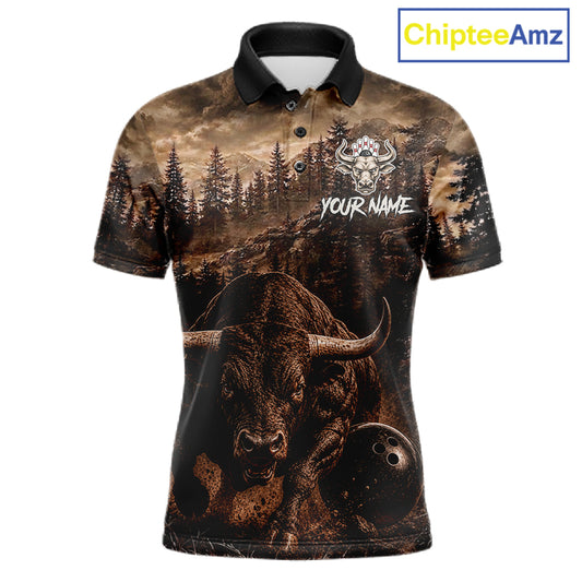 Funny Bull Bowling Shirts For Men Custom Grunge Forest Polo & 1/4 Zip Bowling Team Jersey NYN3731