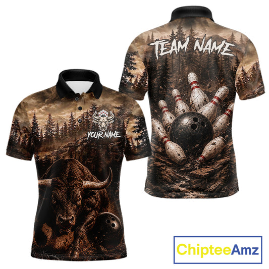 Funny Bull Bowling Shirts For Men Custom Grunge Forest Polo & 1/4 Zip Bowling Team Jersey NYN3731