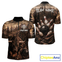 Load image into Gallery viewer, Funny Bull Bowling Shirts For Men Custom Grunge Forest Polo &amp; 1/4 Zip Bowling Team Jersey NYN3731