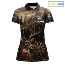 Load image into Gallery viewer, Funny Deer Women's Darts Polo Shirt Mockup, Brown Grunge Forest Dart Tournament Jersey, Personalized Hunting Dart Team Apparel