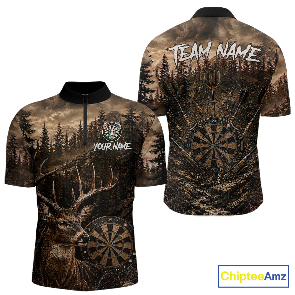 Funny Deer Men's Quarter-Zip Darts Jersey Mockup, Hunting Theme Dart Team Apparel