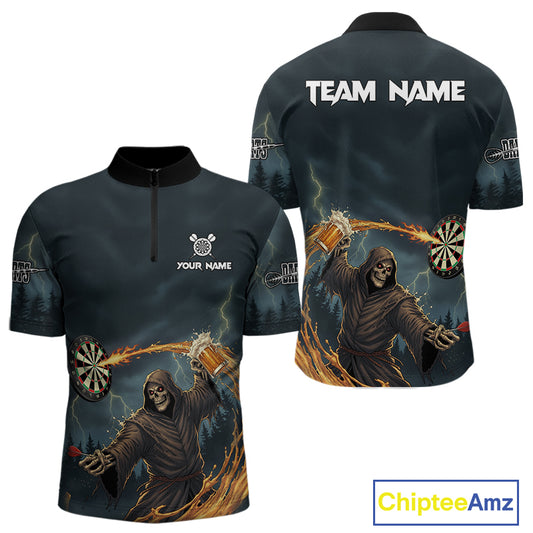 Custom Funny Play Darts & Beer Grim Reaper Dartboard Men Darts Quarter-Zip Shirt Dart Jerseys NYN1914