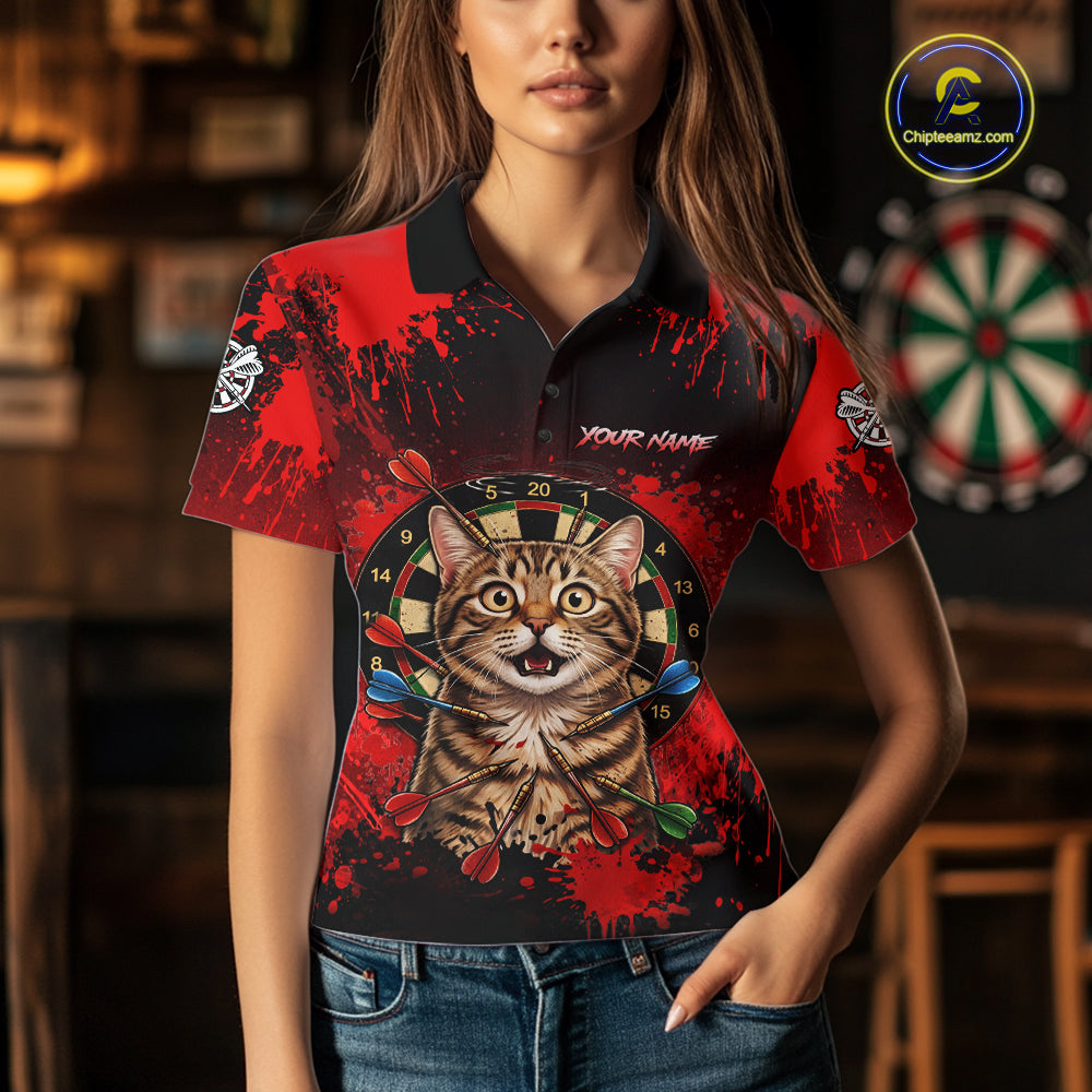 Black And Red Splatter Paint Dartboard Custom Funny Cat Darts Shirt For Women Outfits Darts Jersey NYN3038