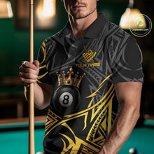 Load image into Gallery viewer, Male model wearing Gold Tribal Crown billiard polo featuring royal tribal artwork, personalized pool league apparel, championship cue sports jersey, luxury athletic performance clothing with premium styling