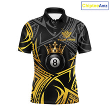 Load image into Gallery viewer, Gold Tribal Crown men's 8 Ball billiard polo featuring royal crown graphics, tribal artwork, personalized cue sports jersey, custom APA pool tournament apparel, championship athletic performance clothing