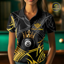 Load image into Gallery viewer, Female model wearing Gold Tribal Crown billiard polo with elegant crown artwork, personalized 8 Ball pool jersey, premium tournament apparel, luxury cue sports clothing inspired by royalty, confidence and leadership