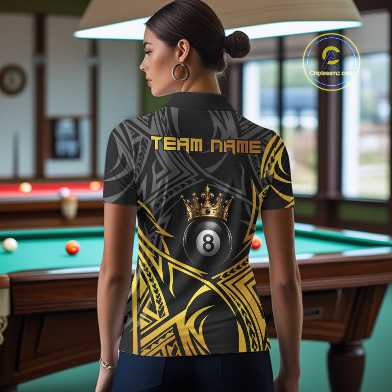Female model wearing Gold Tribal Crown billiard polo with elegant crown artwork, personalized 8 Ball pool jersey, premium tournament apparel, luxury cue sports clothing inspired by royalty, confidence and leadership
