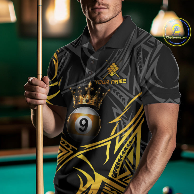 Male model wearing Gold Tribal Crown 9 Ball billiard polo featuring premium tribal artwork, personalized APA tournament jersey, championship athletic cue sports clothing with luxury styling