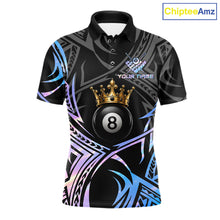 Load image into Gallery viewer, Holographic Tribal Crown men's 8 Ball billiard polo featuring holographic tribal artwork, personalized cue sports tournament jersey, championship pool league apparel, custom athletic performance shirt