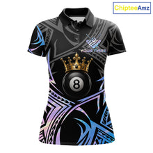 Load image into Gallery viewer, Holographic Tribal Crown women's 8 Ball billiard polo featuring iridescent crown artwork, holographic tribal graphics, personalized pool tournament jersey, APA cue sports performance apparel, premium athletic team uniform