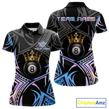 Load image into Gallery viewer, Holographic Tribal Crown women's 8 Ball billiard polo featuring iridescent crown artwork, holographic tribal graphics, personalized pool tournament jersey, APA cue sports performance apparel, premium athletic team uniform