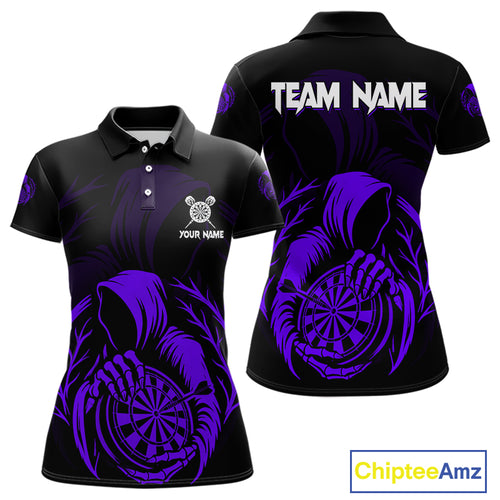 Custom Black And Purple Grim Reaper Dartboard Dart Women Polo Shirt Outfits Dart Jerseys NYN1637