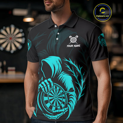 Custom Black And Turquoise Grim Reaper Dartboard Dart Men Polo Shirt Outfits Dart Jerseys NYN1638