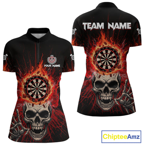 Red Skeleton Flames Cracked Dartboard Custom Women Darts Quarter-Zip Shirt Dart Jerseys NYN1920