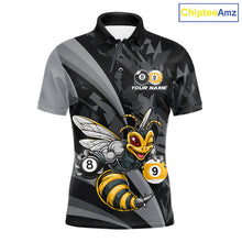 Load image into Gallery viewer, Grey Funny Bee men's billiard polo featuring cheerful bee artwork, personalized cue sports jersey, 8 Ball &amp; 9 Ball tournament apparel, championship pool league performance clothing
