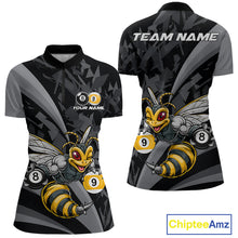 Load image into Gallery viewer, Grey Funny Bee women's quarter-zip billiard jersey featuring cute bee mascot, personalized pool tournament shirt, APA league apparel, premium cue sports performance clothing