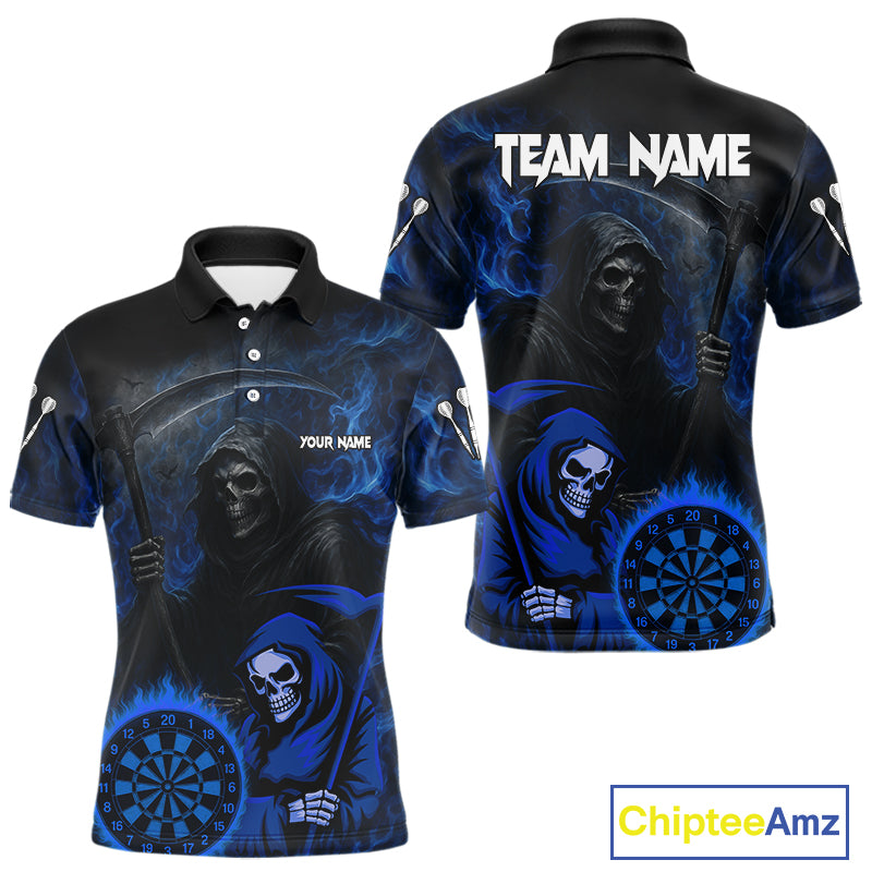 Custom Blue Smokes Flame Dartboard Grim Reaper Dart Men Polo Jerseys Dart Team Shirt NYN1655