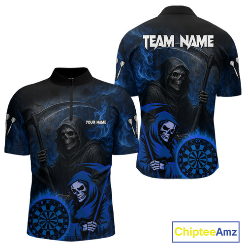 Custom Blue Smokes Flame Dartboard Grim Reaper Dart Men Quarter-Zip Jerseys Dart Team Shirt NYN1655