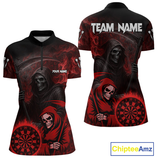 Custom Red Smokes Flame Dartboard Grim Reaper Dart Women Quarter-Zip Jerseys Dart Team Shirt NYN1656