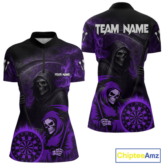 Custom Purple Smokes Flame Dartboard Grim Reaper Dart Women Quarter-Zip Jerseys Dart Team Shirt NYN1657