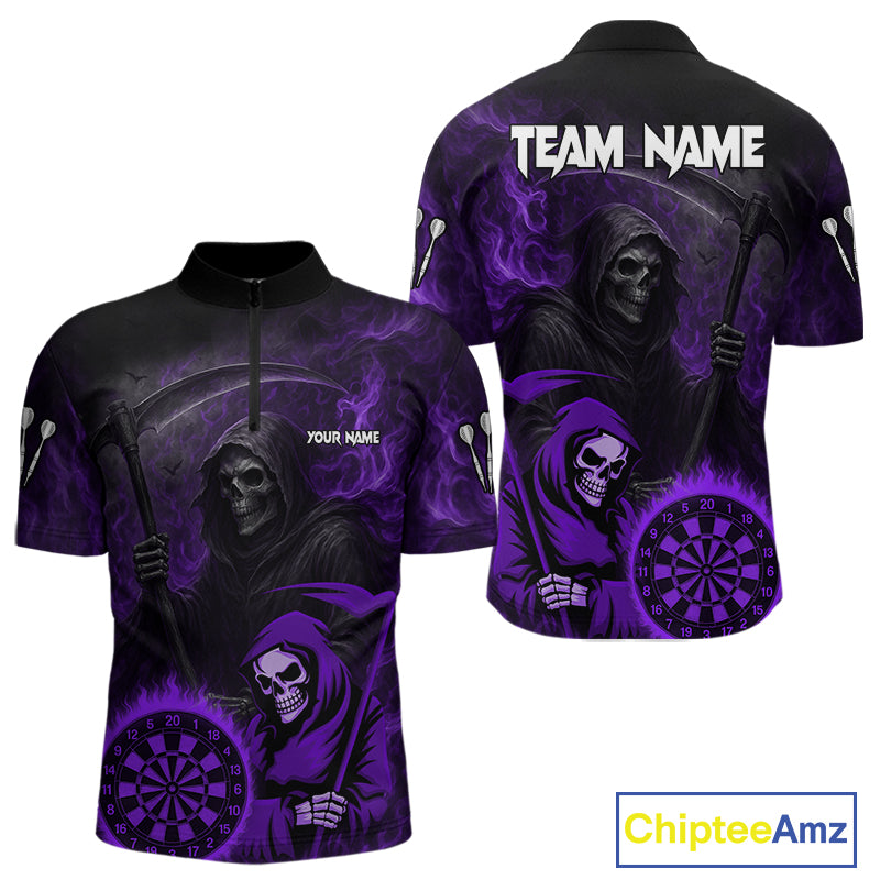 Custom Purple Smokes Flame Dartboard Grim Reaper Dart Men Quarter-Zip Jerseys Dart Team Shirt NYN1657